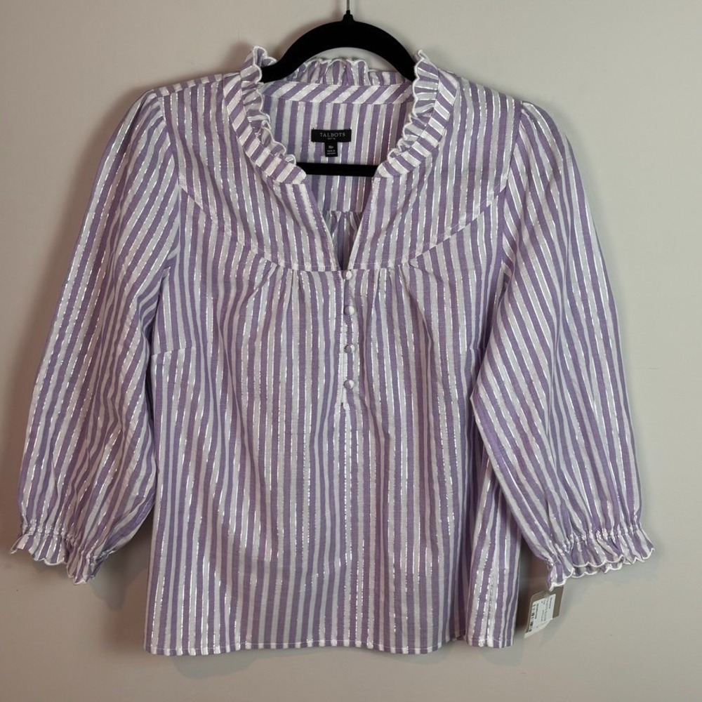 Talbots Womens cotton purple metaliic striped ruffle hem blouse sz petite medium